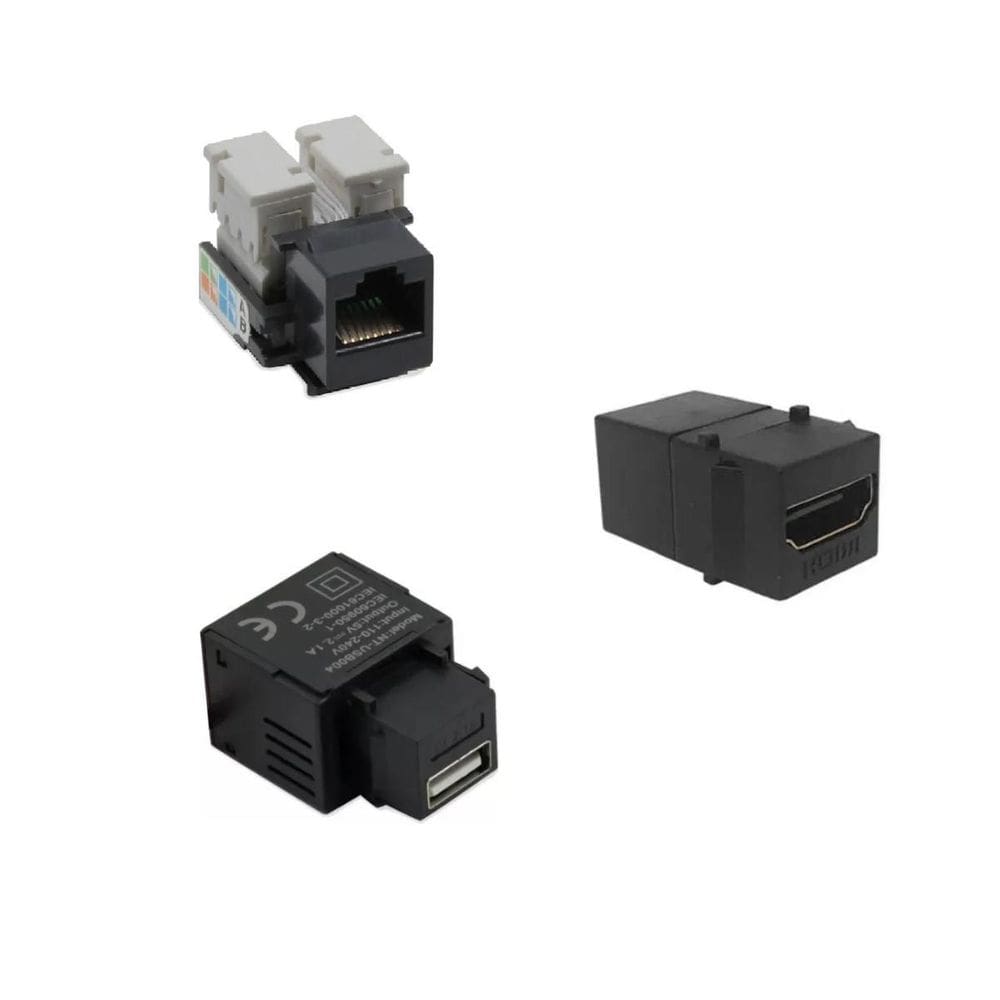 Conector Tomada Keystone Rj45 Cat5 Hdmi Usb Carregador Preto