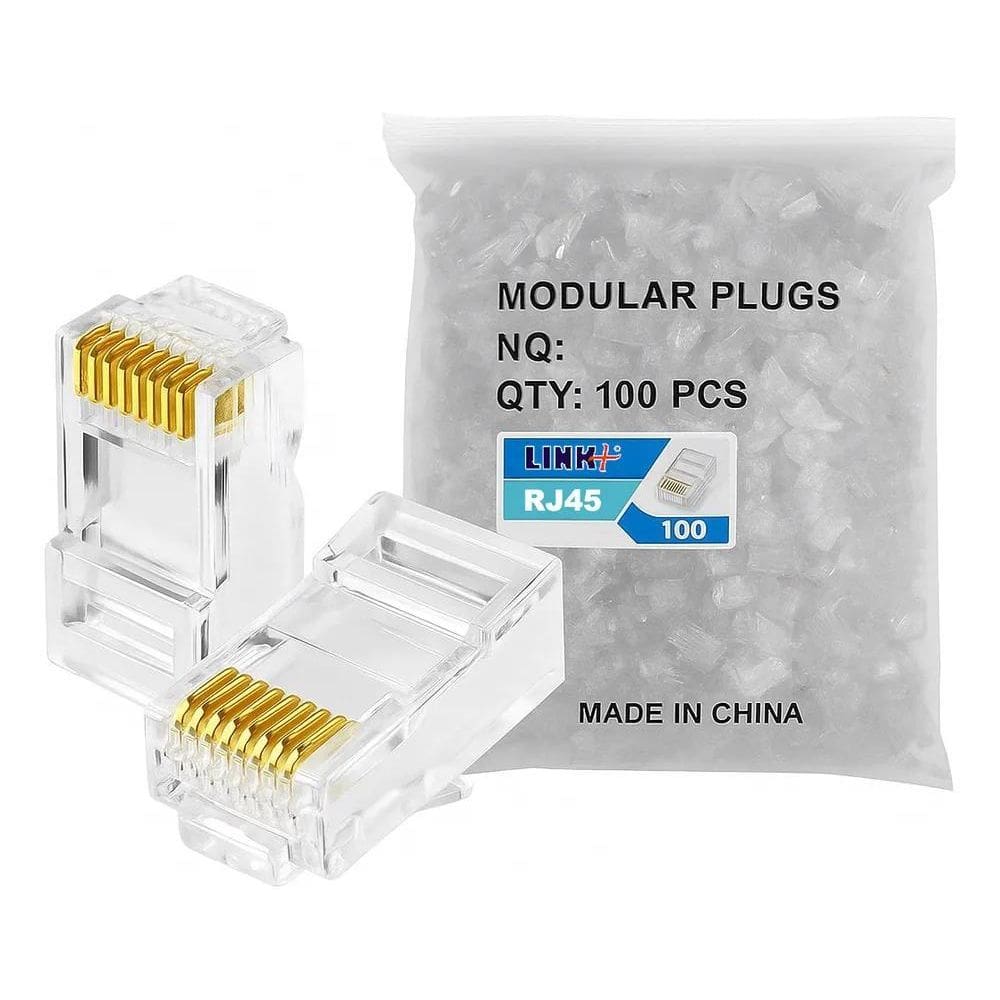 Kit 100 Conector Rj45 Utp Cat5E Banho De Ouro Cabo De Rede L