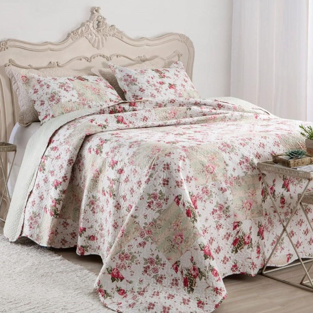 Kit Cobre Leito Colcha Mix King Estampado Dupla Face Floral