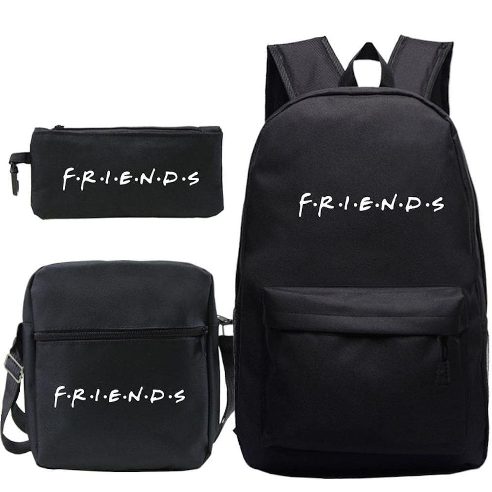 Conjunto de 3 mochilas escolares casuais Friends Satchel com caneta