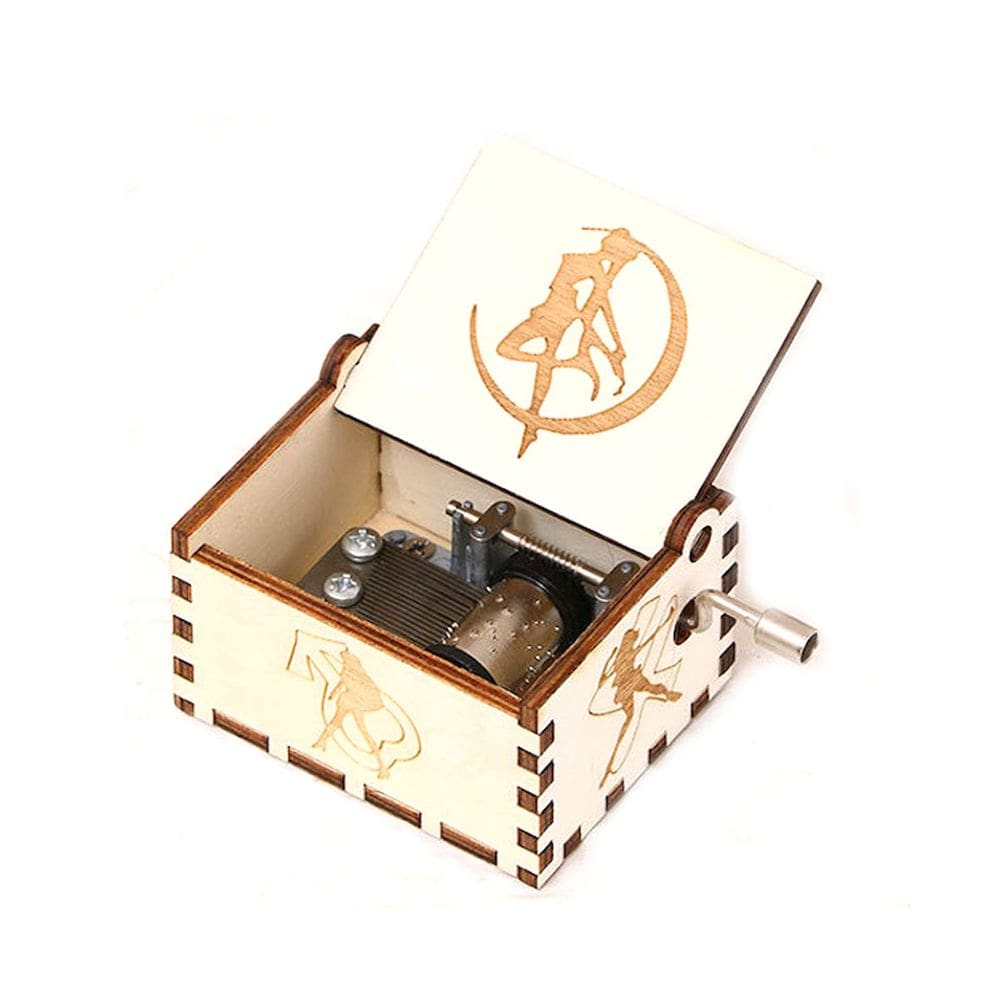Caixa de música Sailors Moons Hand Crank, madeira esculpida antiga