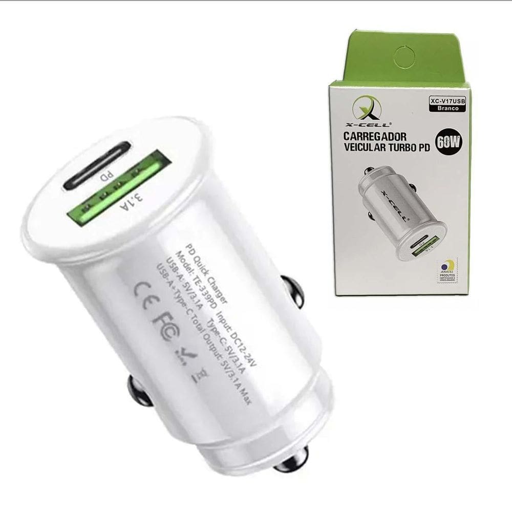 Carregador Veicular Turbo Usb C E Usb 60W Pd X-Cell Branco