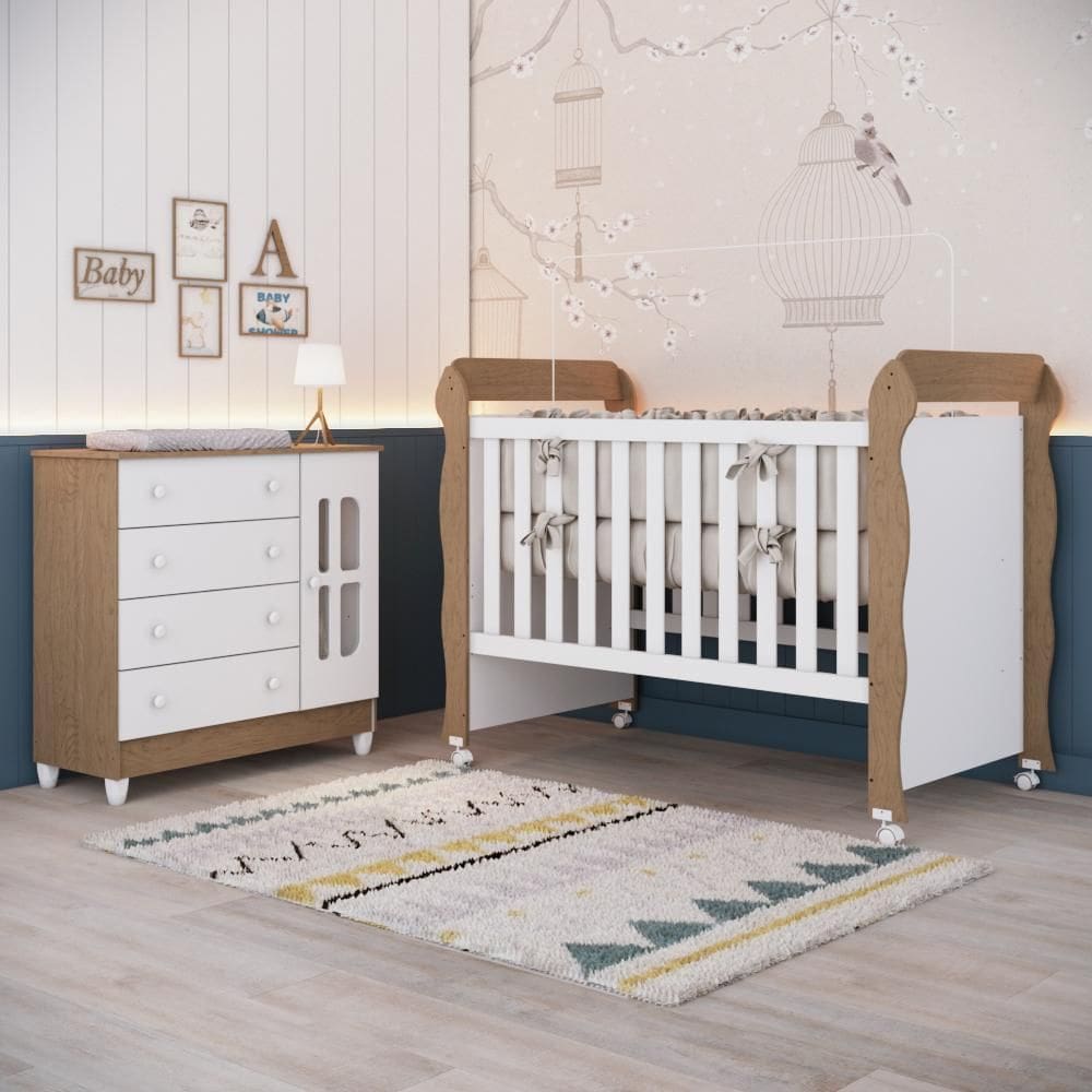 Quarto de Bebê Berço Mini Cama Americano Cômoda com Porta Gabrielle Branca com Bétula Carolina Baby