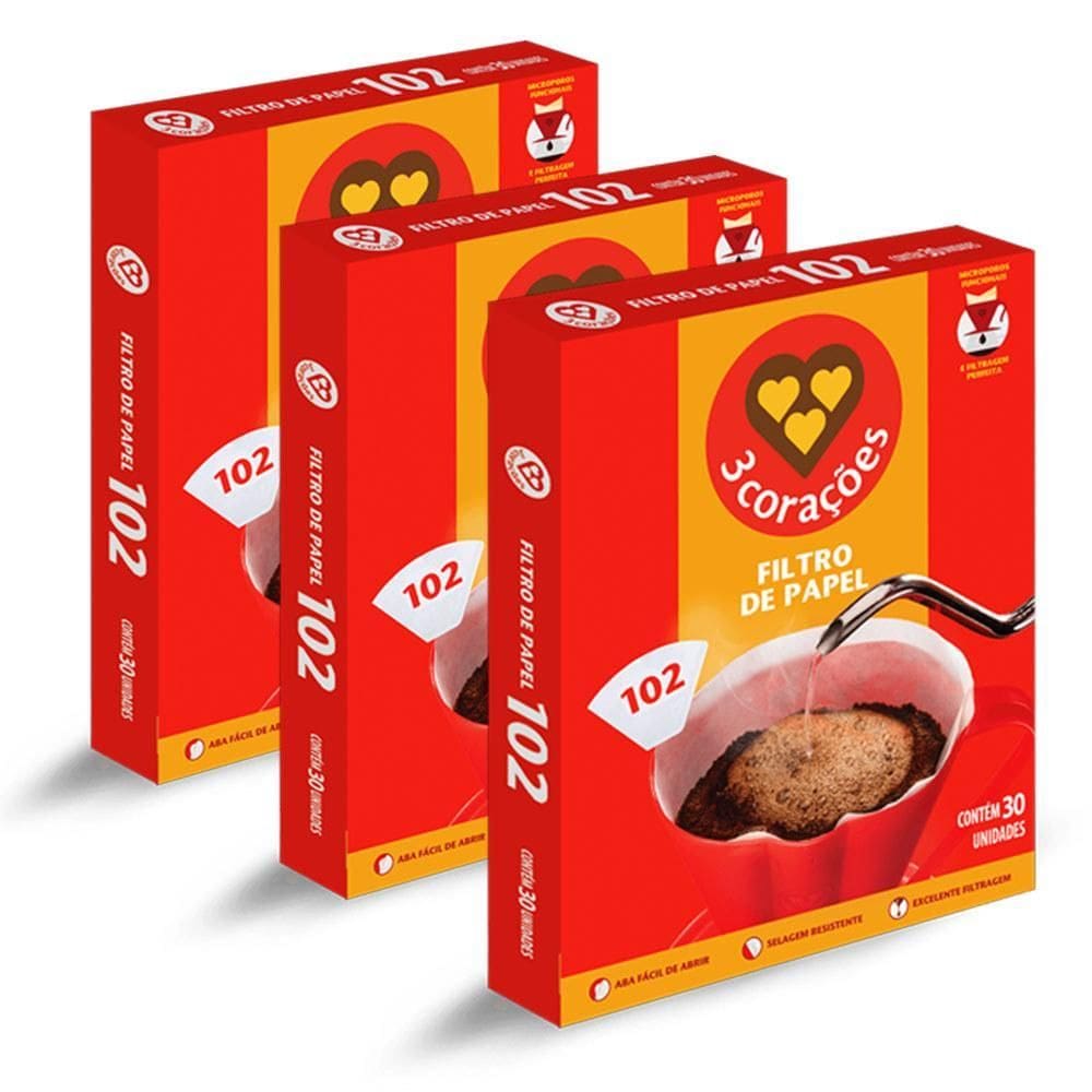Filtro De Papel Três Corações 102 Kit 3 Cx Com 30 Unidades
