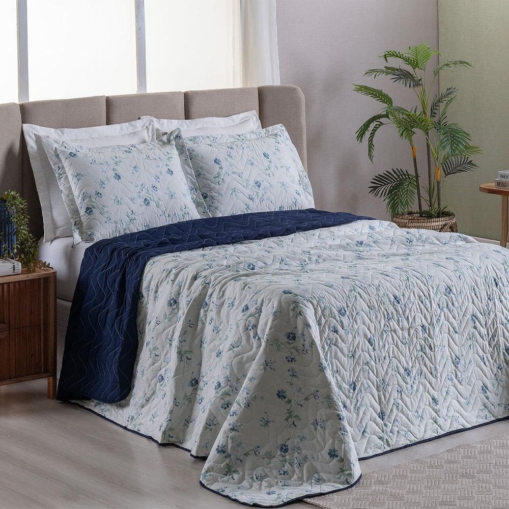 Cobre Leito 3 Peças Queen Percal 200 Fios Colori Marie Azul