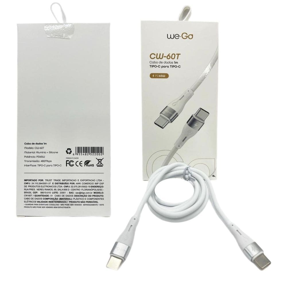 Cabo Turbo Usb-C Para Usb-C Superior Pd 65W 1M Cw-60T Branco