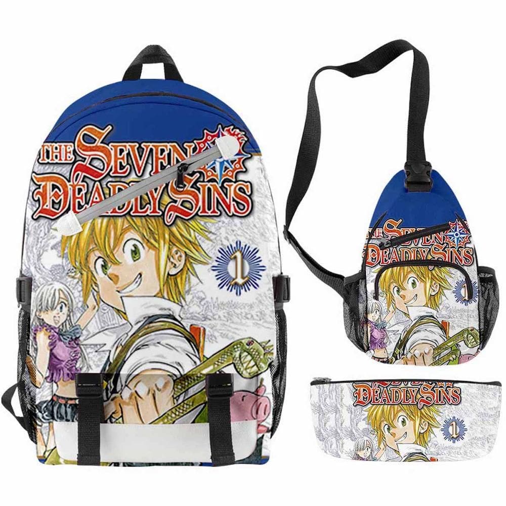 Conjunto de mochilas escolares Sevens Deadly Sins Meliodas para crianças, 3 unidades
