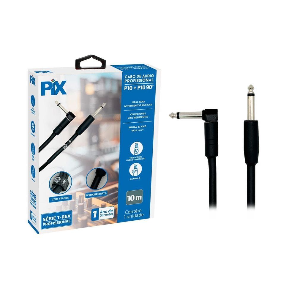 Cabo De Áudio P10 Para P10 Mono Para Guitarra 10 Metros 90º