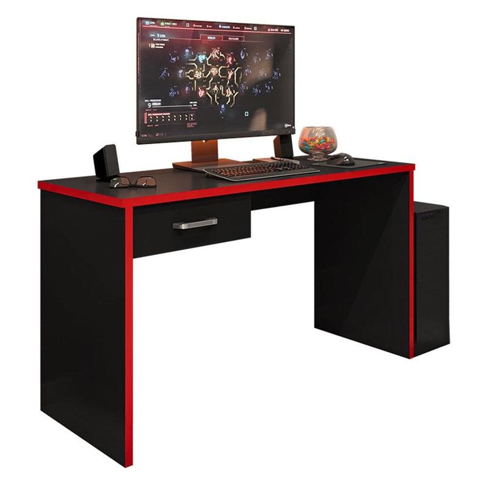 Mesa para Computador Gamer New DRX 9000 Preto Trama Vermelho - Móveis Leão