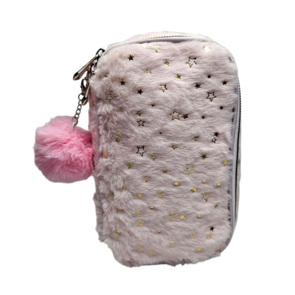 Estojo Escolar Pelúcia Rosa Pastel Estrelas Fofo Grande Leve Colorido Box Lápis Caneta Aula Material