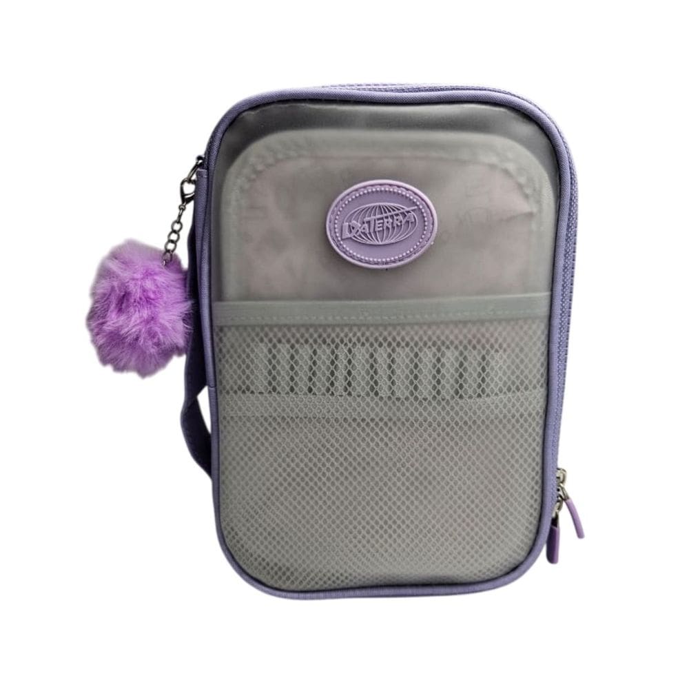 Estojo Escolar Box Grande Lilás Transparente Pompom Moderno Divisória Colorido Organizador Alça