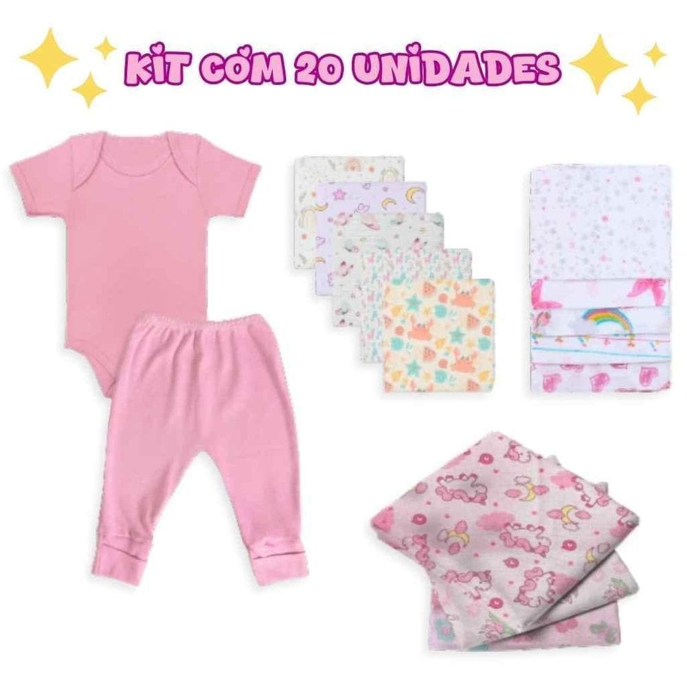 Enxoval Bebe 20 Pç Cueiro Fralda Toalha Banho E Roupa Rosa