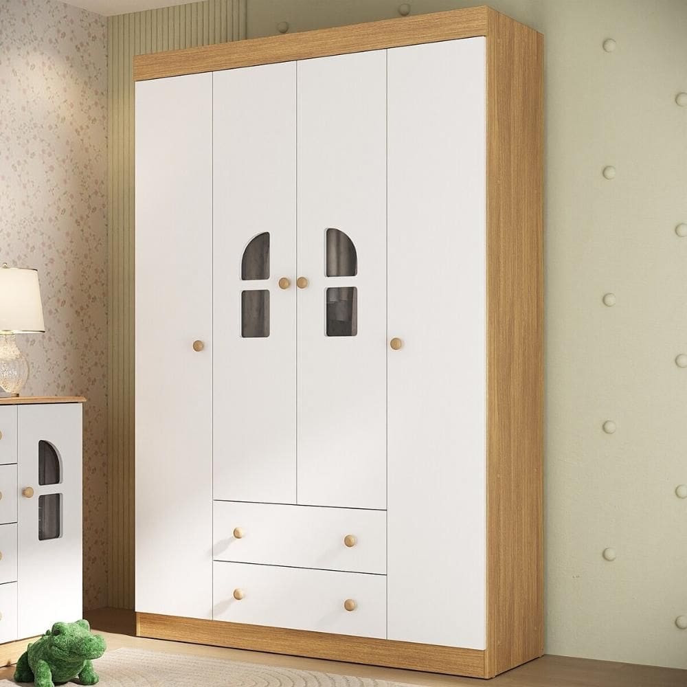 Guarda-roupa Infantil 122cm com Vidro 4 Portas e 2 Gavetas Amora Multimóveis MP4509