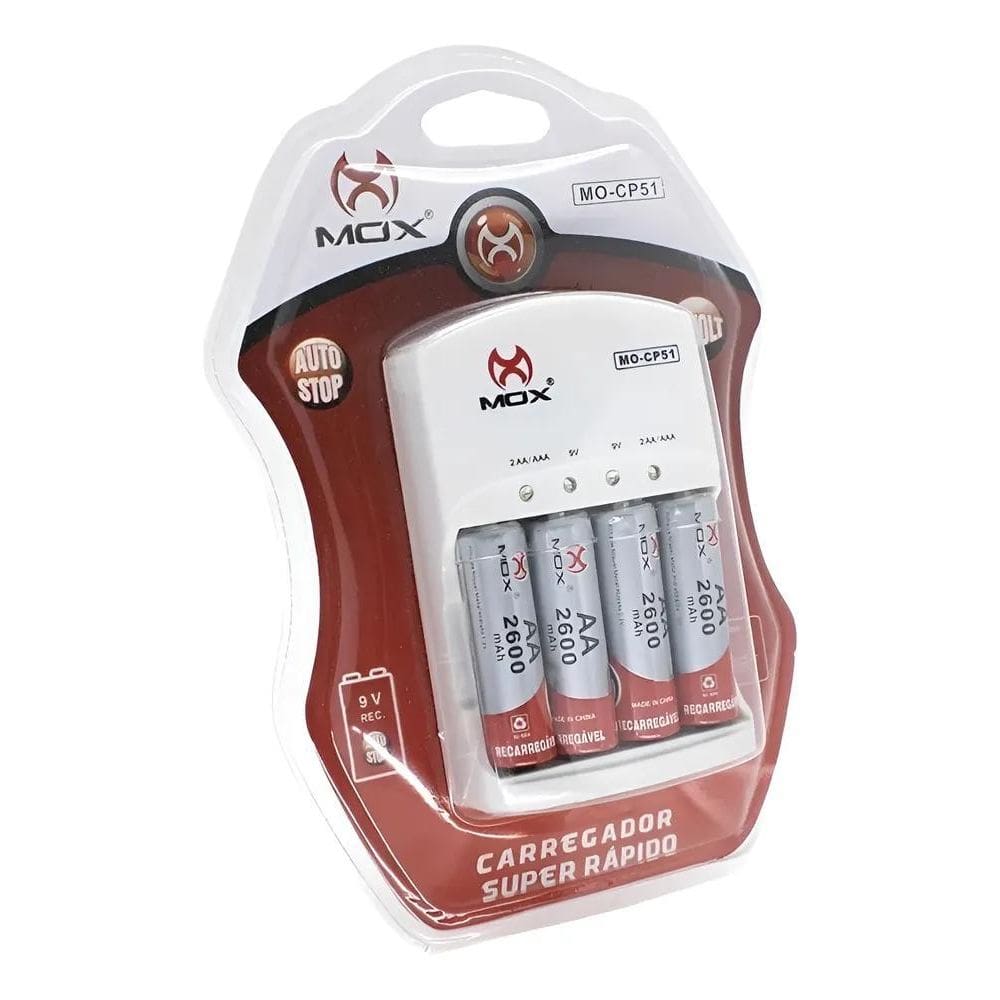 Carregador De Pilhas Mox- 51 Com Pilhas Aa