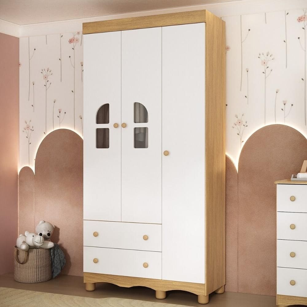 Guarda-roupa Infantil 92cm com Vidro 3 Portas e 2 Gavetas Aurora Multimóveis MP4497