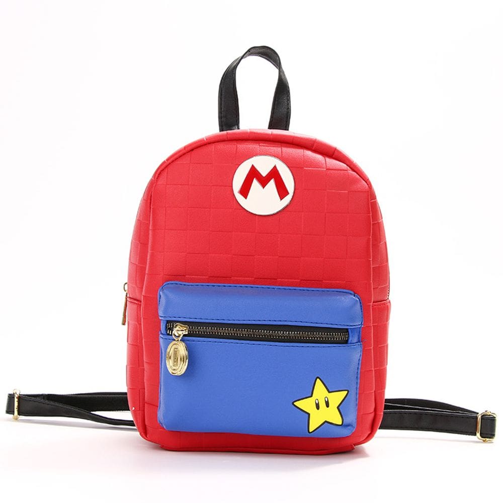 Mochila Marios Anime School, bolsa casual vermelha, couro PU