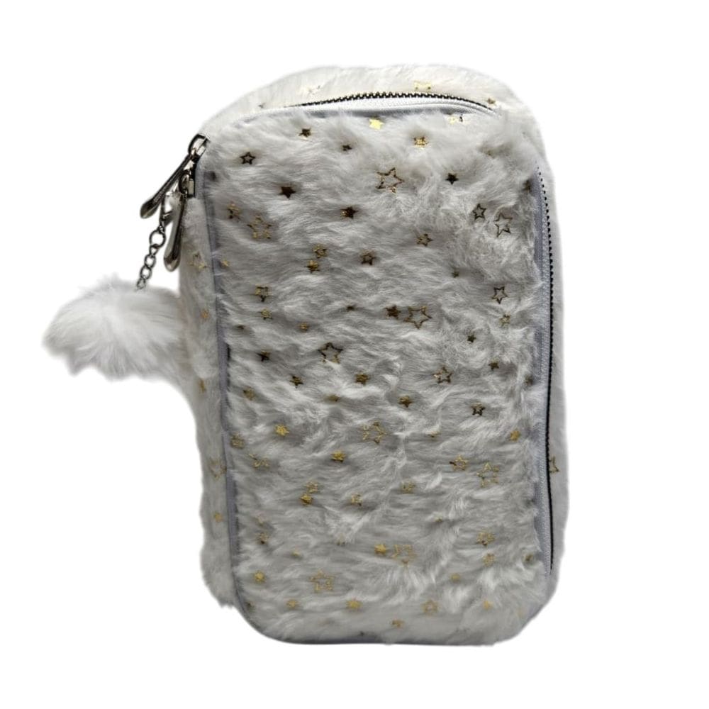 Estojo Box Escolar Pelúcia Branco Estrelas Douradas Fofo Grande Material Lápis Caneta Aula Pompom