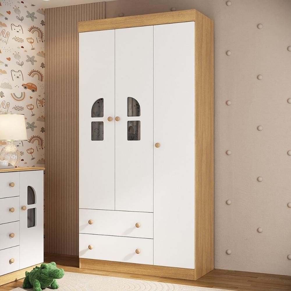Guarda-roupa Infantil 92cm com Vidro 3 Portas e 2 Gavetas Amora Multimóveis MP4508
