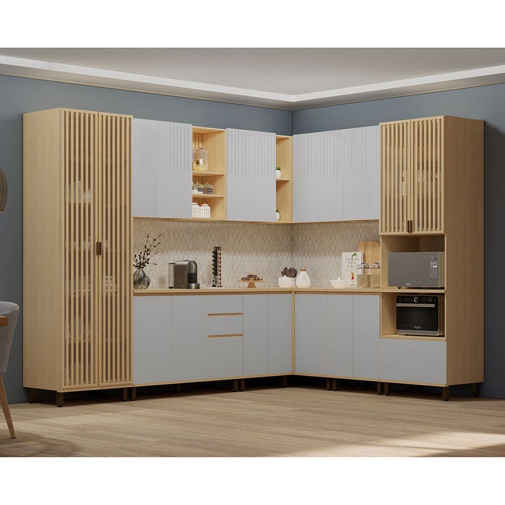 Cozinha Completa 100 MDF 10 Pecas com Espaco para Micro-ondas e Tampo 528cm Aura Luciane Moveis
