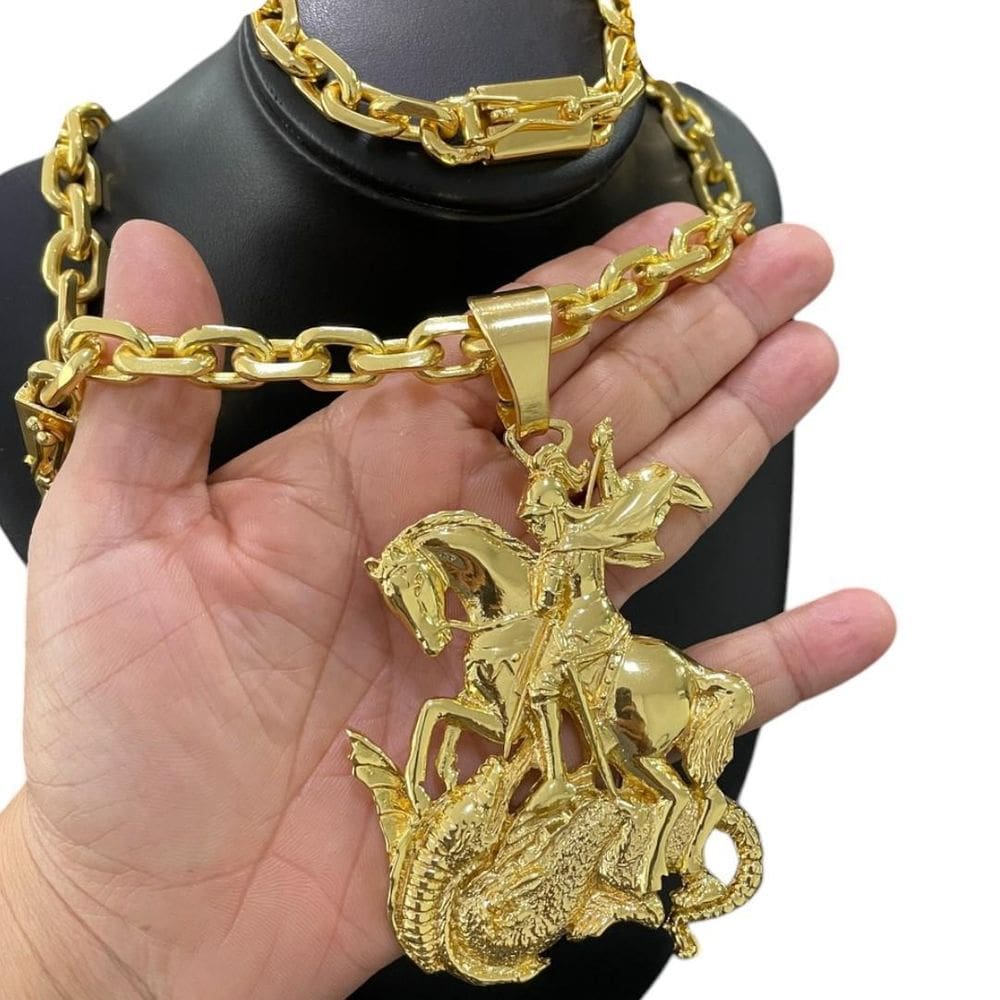 Kit Cadeado 12Mm + Pingente São Jorge Cravejado Banhado Ouro