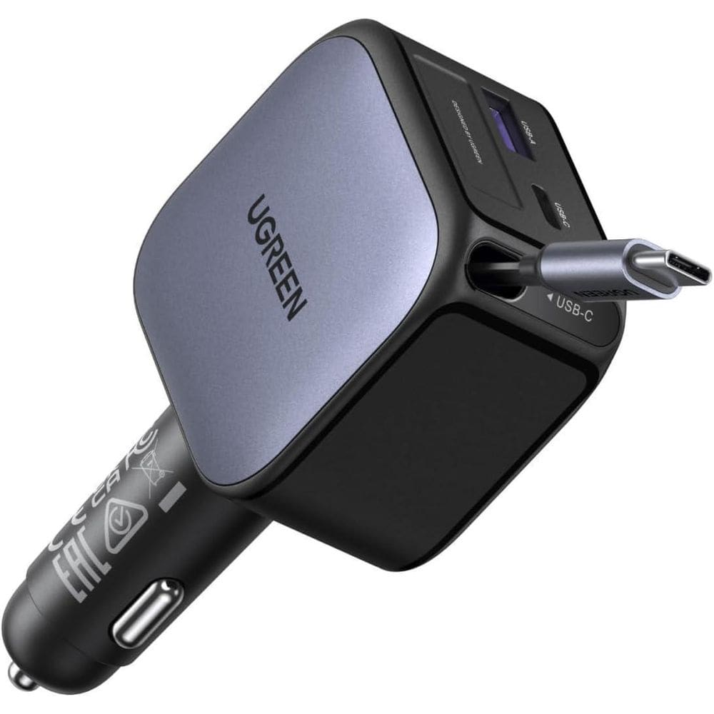 Carregador 60W Para Carro Cabo Integrado Usb C Retrátil 3Em1