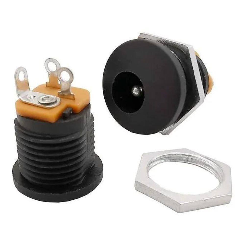 2X 10 Conector Dc Jack Pino Painel Com Rosca Preto