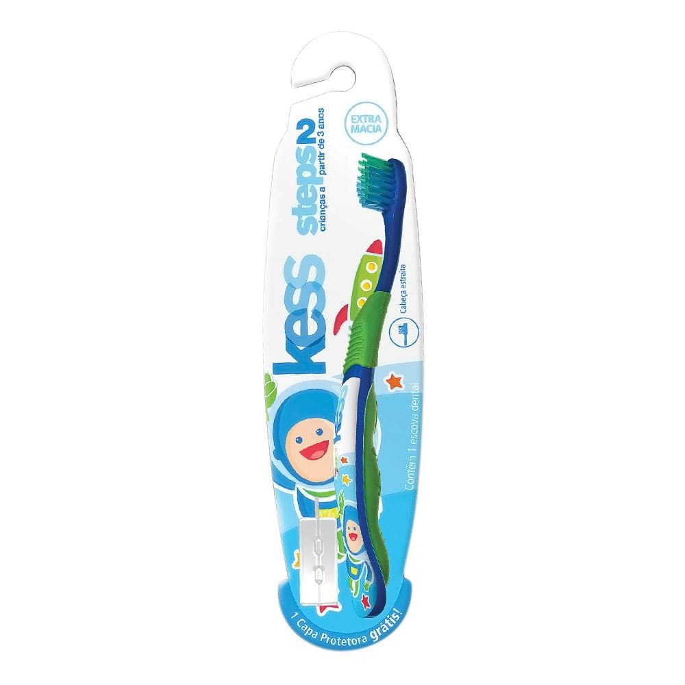 Escova Dental Infantil Kess Steps 2 Extra Macia Cores 1 Unidade e Ganhe Capa Protetora