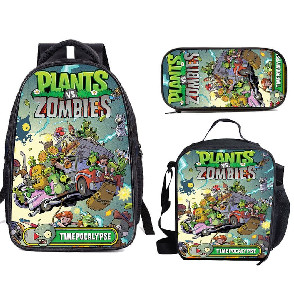 Conjunto de mochilas escolares Zombies Plants, 3 unidades com bolsa de ombro
