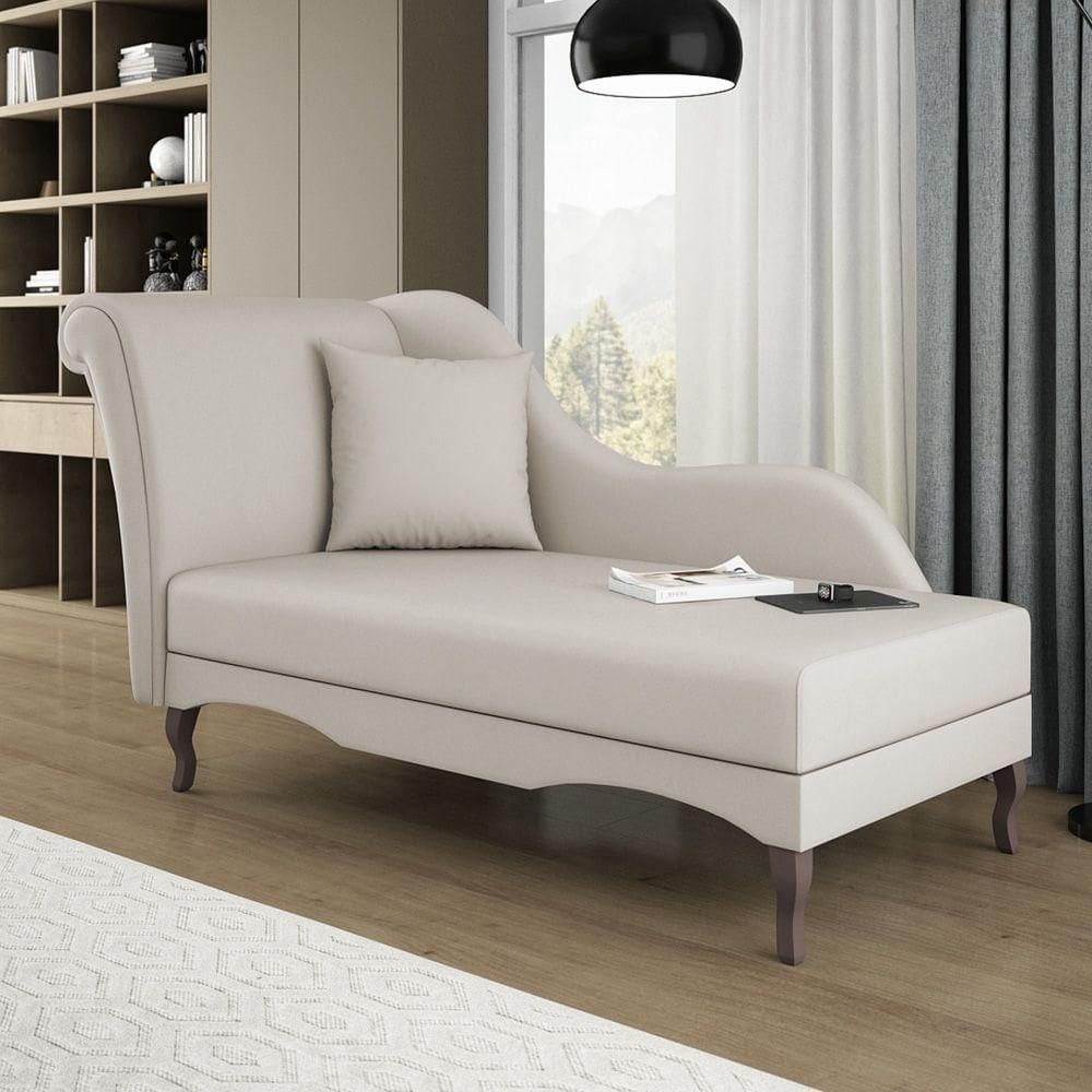 Divã Recamier Chaise Longue Valentina Clássico Com Pés De Madeira Veludo Bege Claro - Desk Design
