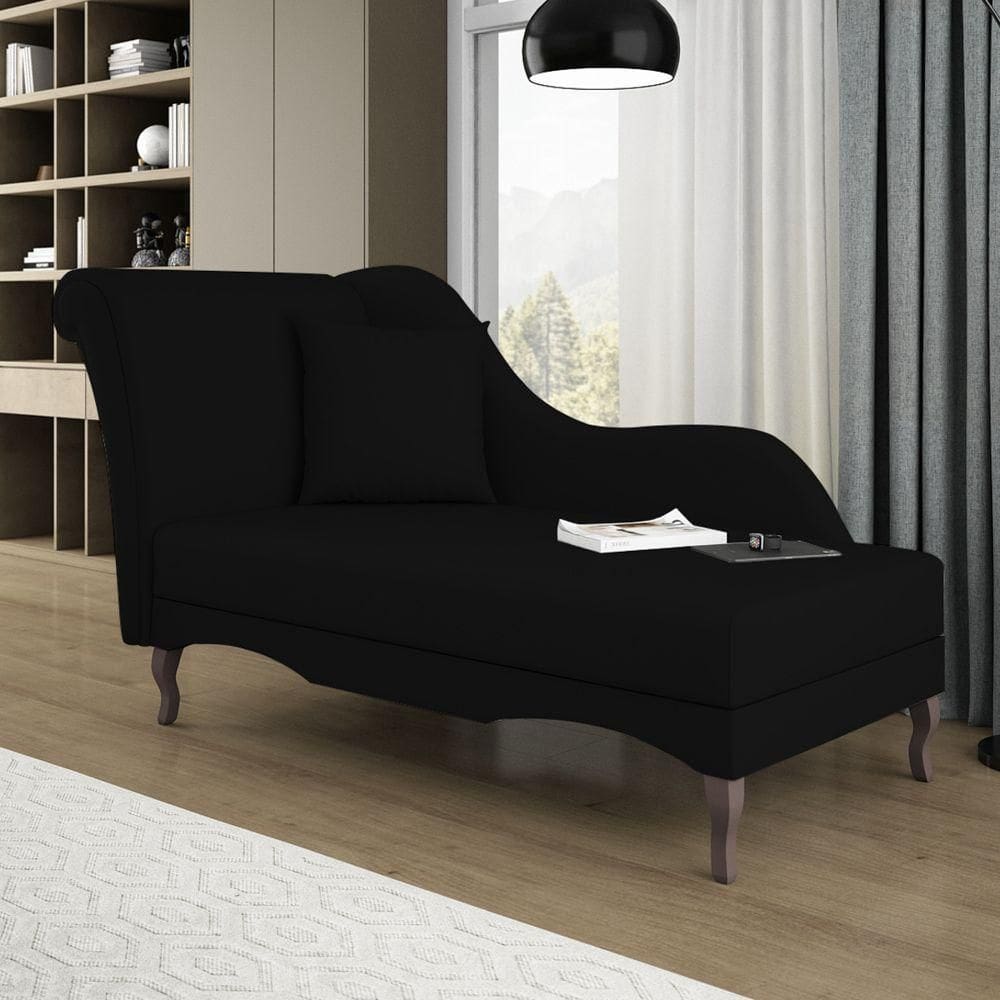 Divã Recamier Chaise Longue Valentina Clássico Com Pés De Madeira Veludo Preto - Desk Design