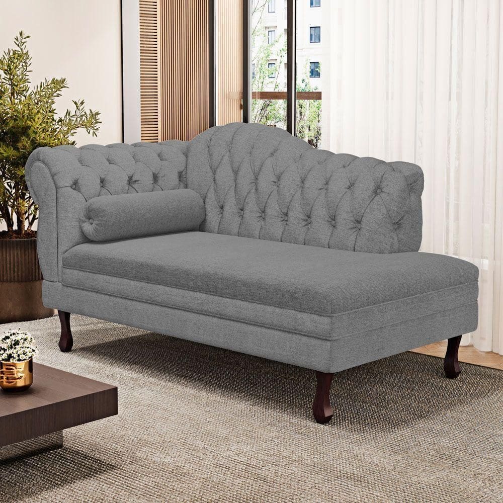 Divã Recamier Lavínia Clássico 120cm Capitonê Com Pés De Madeira Linho Cinza - Desk Design