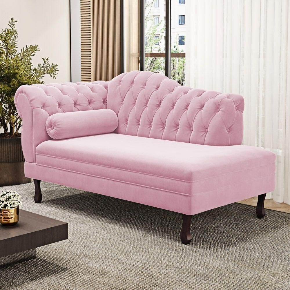 Divã Recamier Lavínia Clássico 120cm Capitonê Com Pés De Madeira Courino Rosa - Desk Design