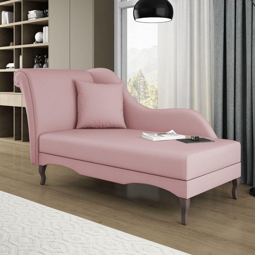 Divã Recamier Chaise Longue Valentina Clássico Com Pés De Madeira Veludo Rosê - Desk Design