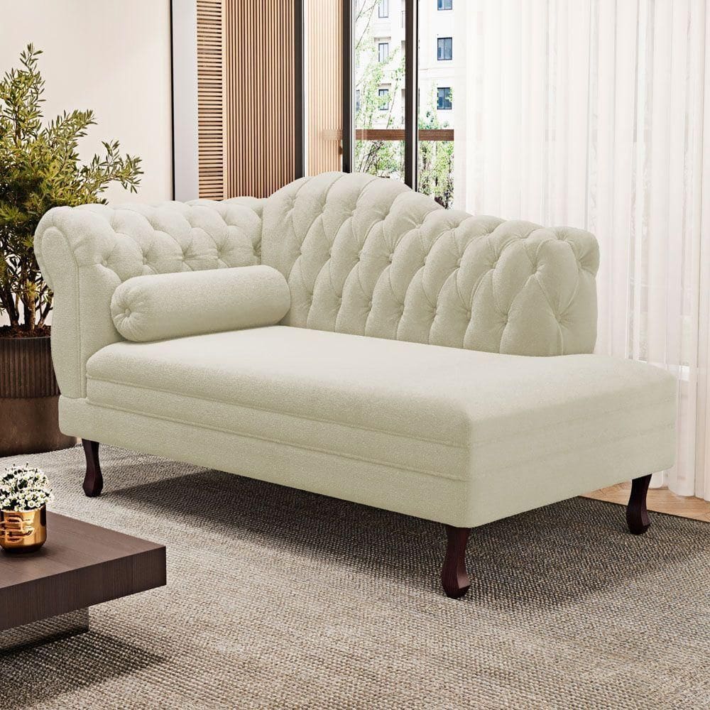Divã Recamier Chaise Longue Lavínia 150cm Capitonê Pés De Madeira Bouclê Bege - Desk Design