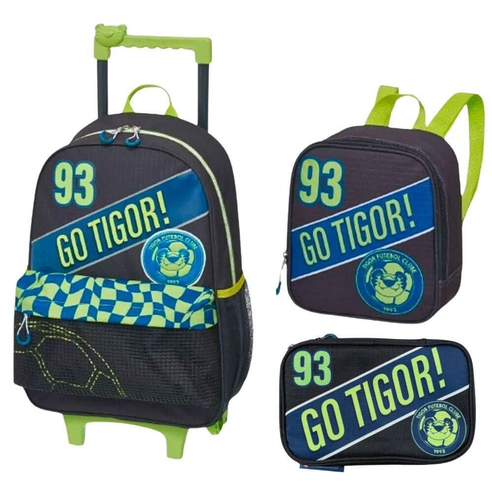 Kit Mochila Rodinhas + Estojo Box + Lancheira Térmica Tigre Go Tigor! Pacific Verde