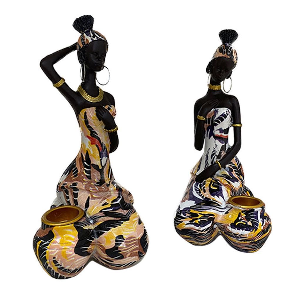 Estatueta de escultura em estilo étnico africano, 2 peças de resina de 16 cm