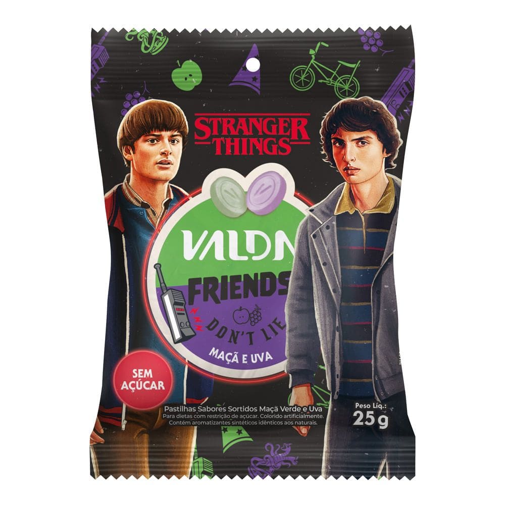 Pastilhas Valda Stranger Things Friends Don`T Lie Sabor Maçã e Uva Sem Açúcar 25g