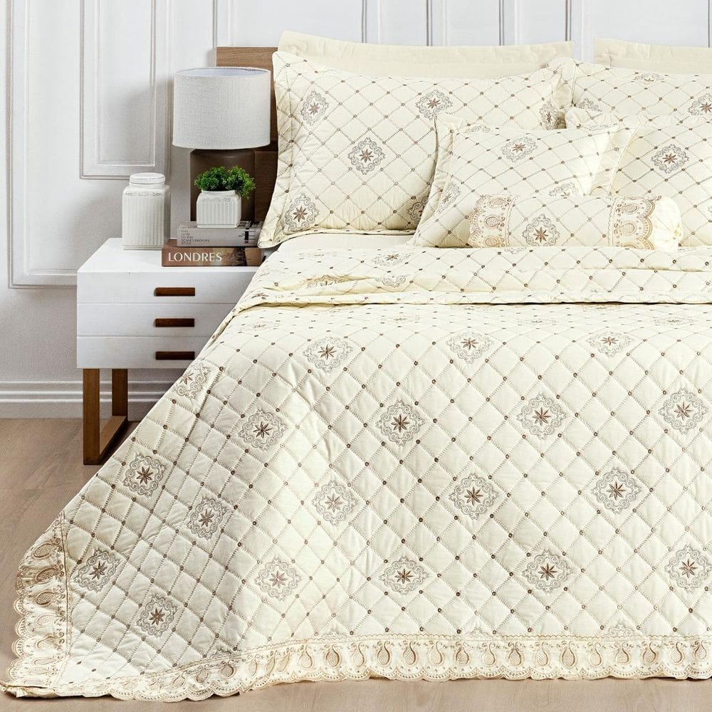 Conjunto Cama Queen Size Pérola Colcha Bordada 100% Algodao
