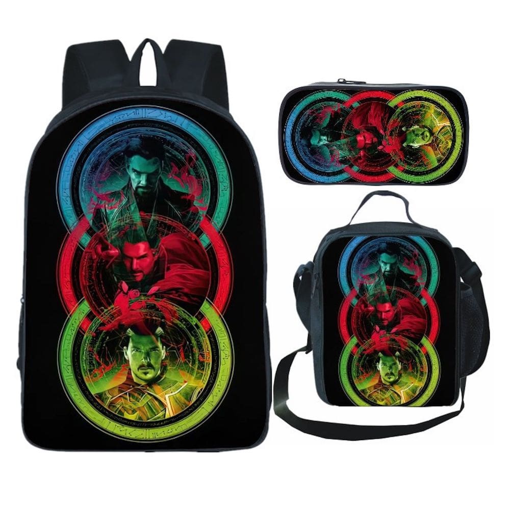 Conjunto de mochilas Docter Strange Anime para crianças com lancheira e bolsa de lápis