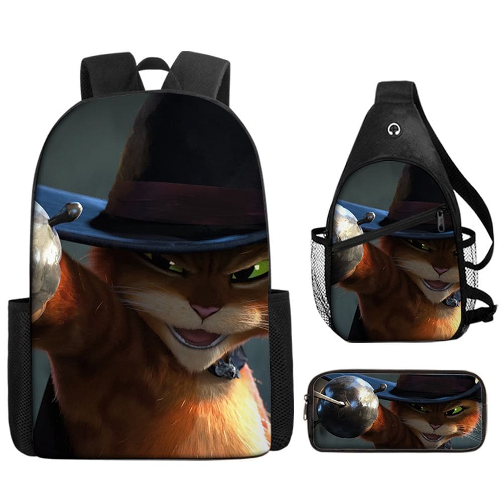 Conjunto de mochilas Puss in Boots, bolsa escolar de anime para crianças, 3 unidades