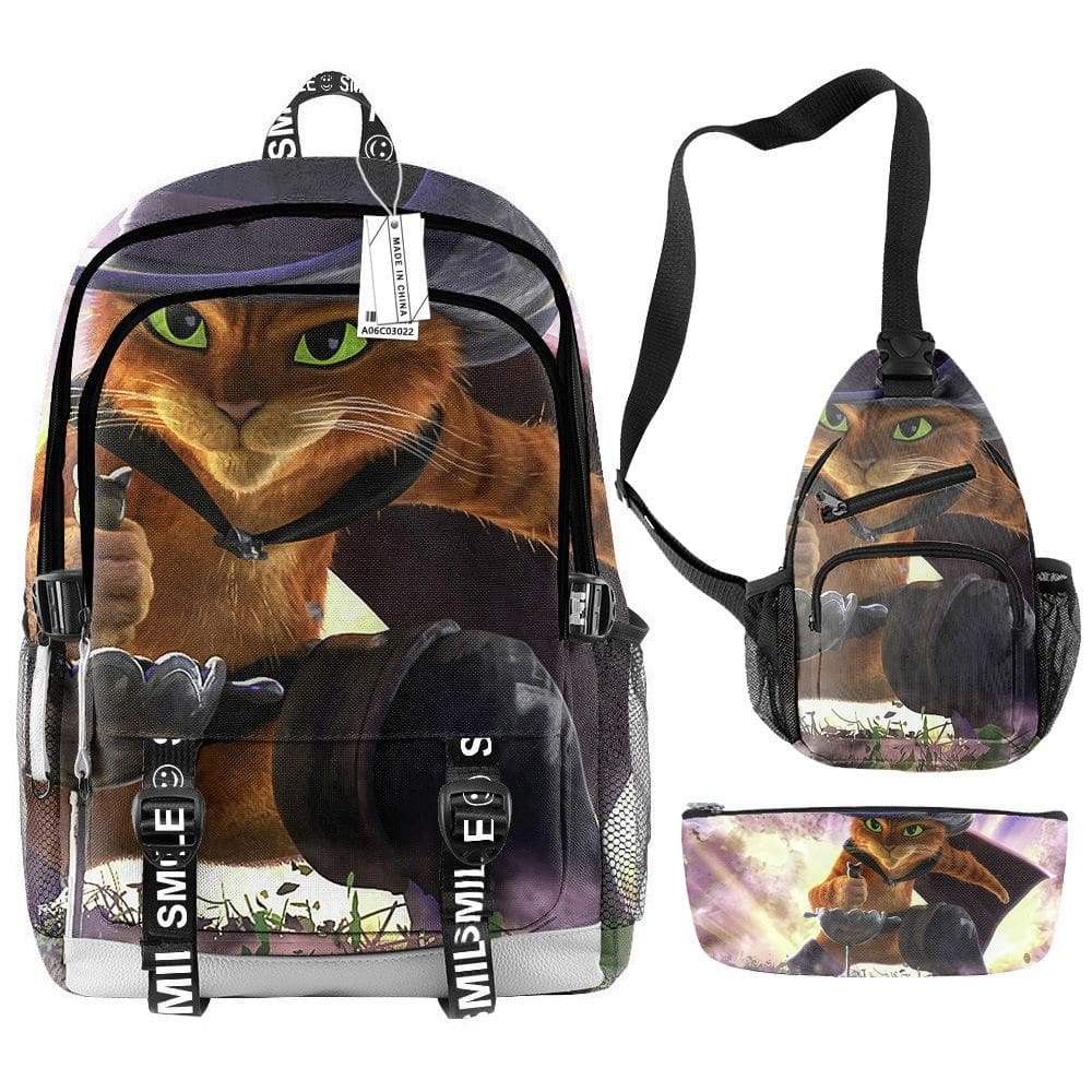 Conjunto de mochilas Puss in Boots, bolsa escolar de anime para crianças, 3 unidades