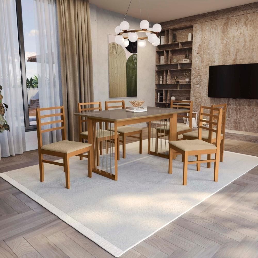 Conjunto Sala De Jantar Elisa Em Madeira Maciça 6 Cadeiras Boucle Bege