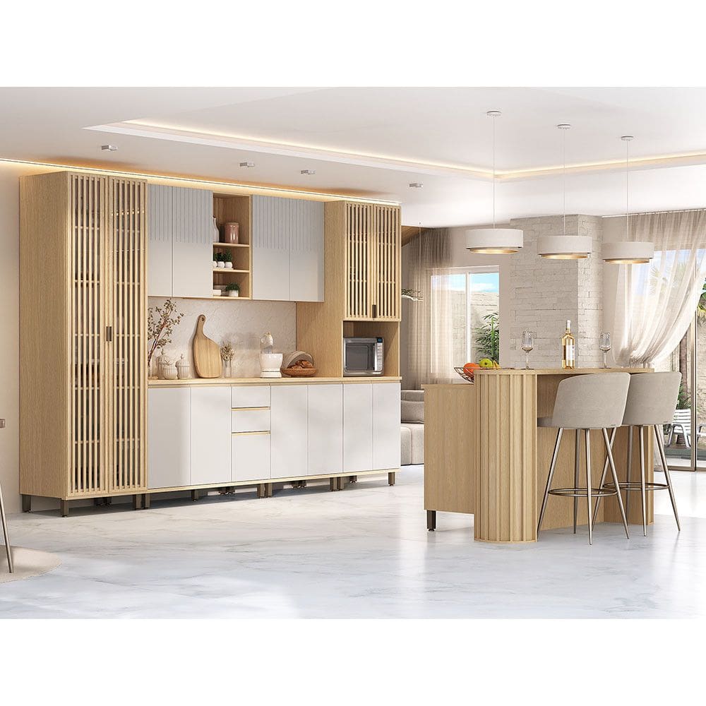 Cozinha Completa 100 MDF 8 Peças com Espaço para Micro-ondas, Ilha e Tampo 340cm Aura Luciane Móveis