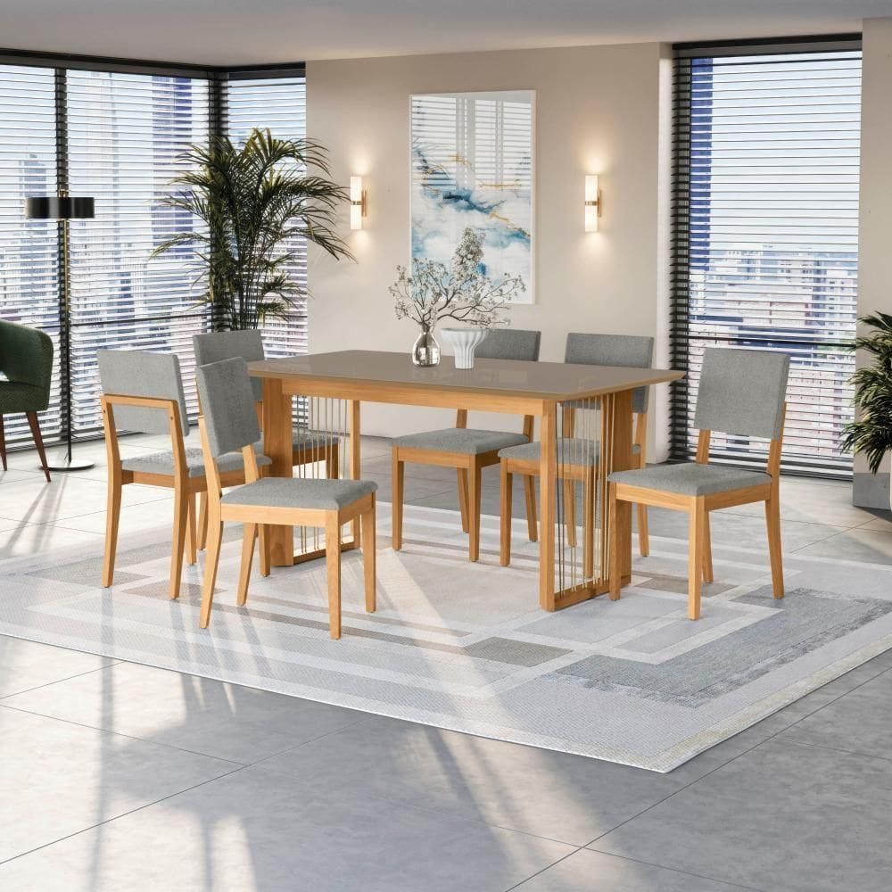 Conjunto Sala De Jantar Dora Em Madeira Maciça 6 Cadeiras Boucle Cinza