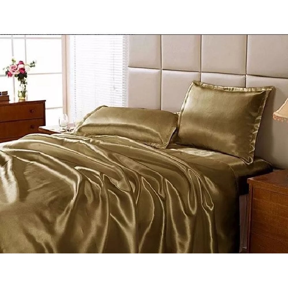 Jogo Lençol Casal Padrão Cetim Seda Cobre C/ Vira 4 Peças