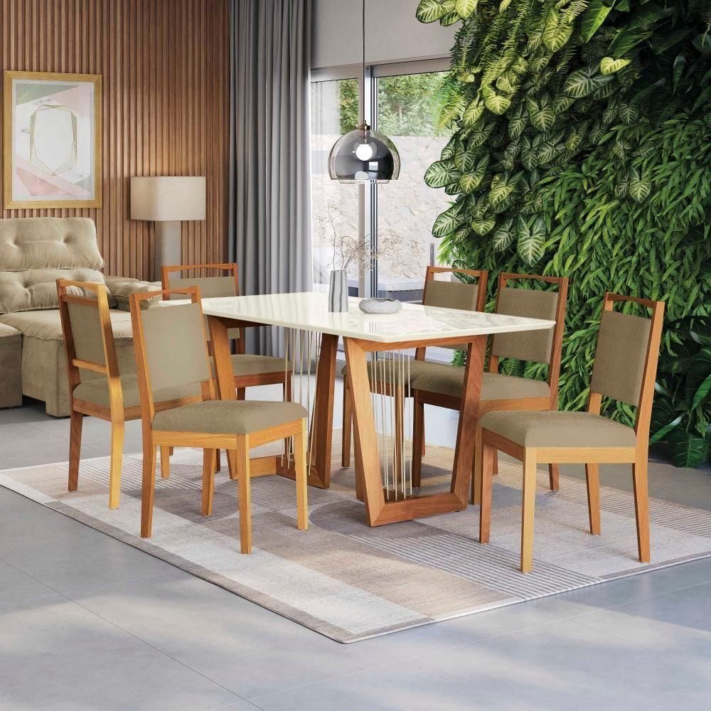 Conjunto Sala De Jantar Lina Em Madeira Maciça 6 Cadeiras Boucle Bege