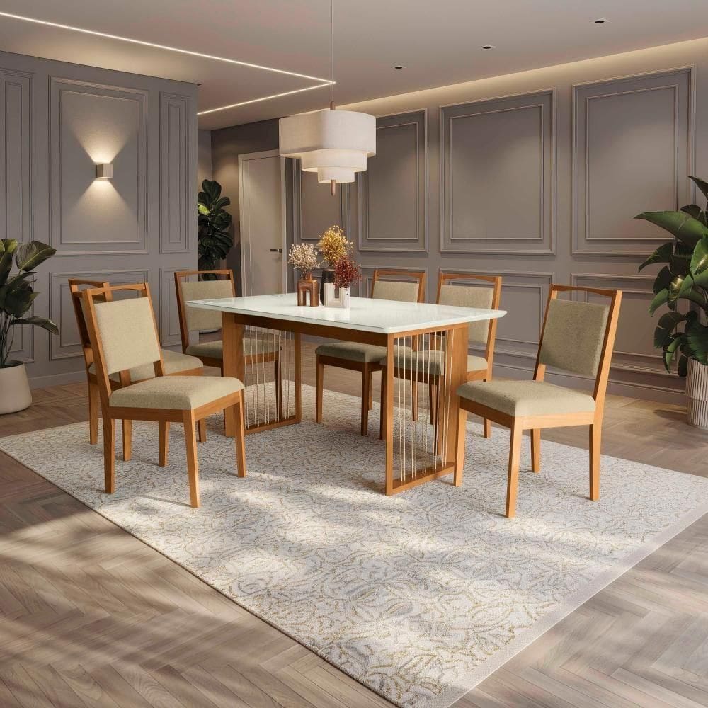 Conjunto Sala De Jantar Lina Em Madeira Maciça 6 Cadeiras Boucle Bege