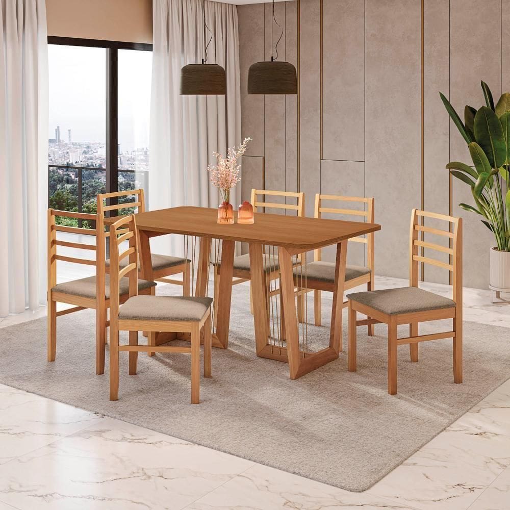Conjunto Sala De Jantar Elisa Em Madeira Maciça 6 Cadeiras Linho Fendi