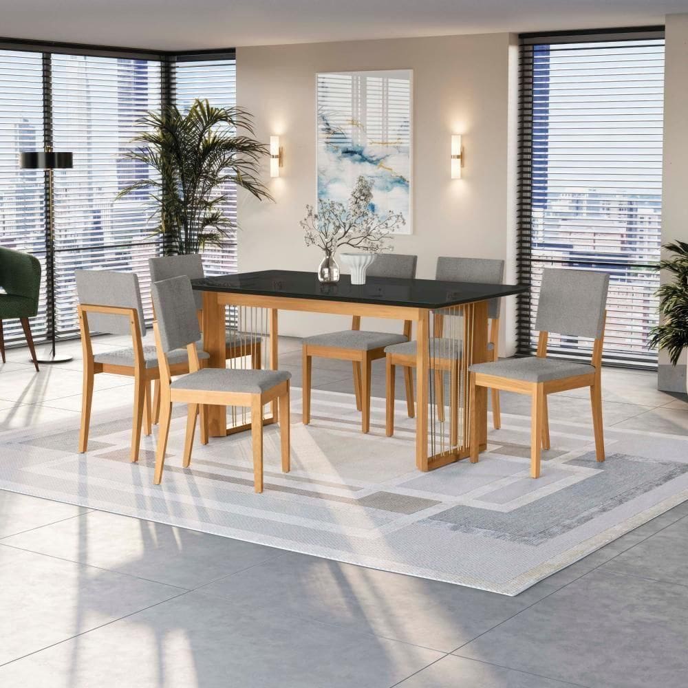 Conjunto Sala De Jantar Dora Em Madeira Maciça 6 Cadeiras Boucle Cinza