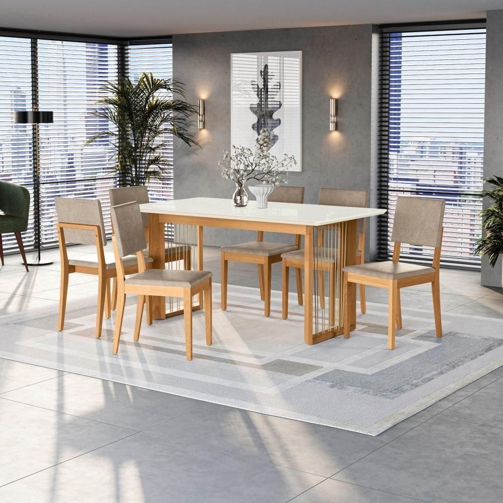 Conjunto Sala De Jantar Dora Em Madeira Maciça 6 Cadeiras Linho Fendi